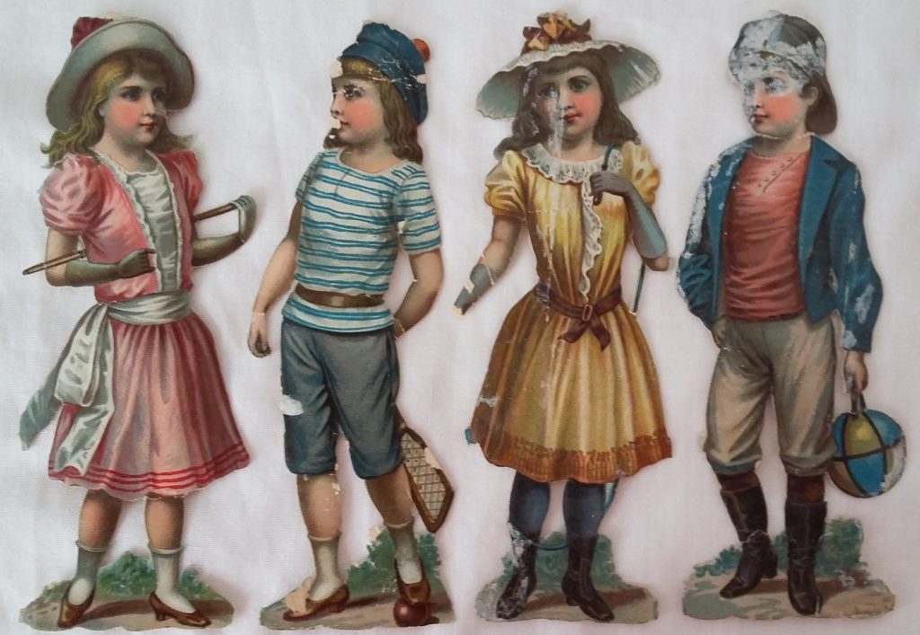 Paper Picture Scraps 4 Children Playing Games Original Victorian Die Cuts