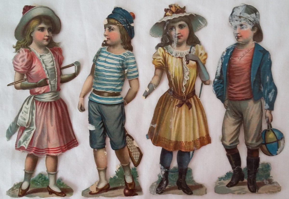 Paper Picture Scraps 4 Children Playing Games Original Victorian Die Cuts - Image 1