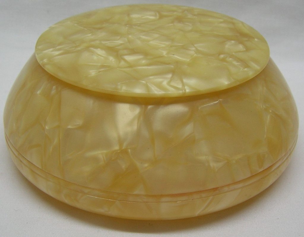 Celluloid Powder Box Bowl Round Lift of Lid Pearlescent Satin Antique