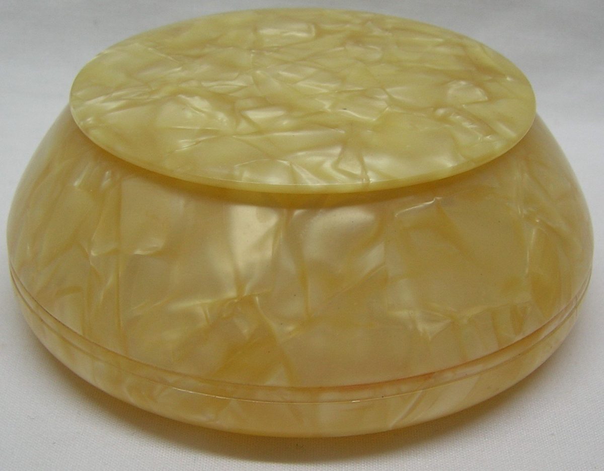 Celluloid Powder Box Bowl Round Lift of Lid Pearlescent Satin Antique - Image 3