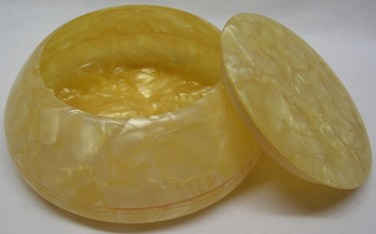 Celluloid Powder Box Bowl Round Lift of Lid Pearlescent Satin Antique - Image 2