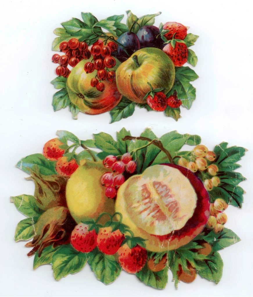 2 Floral Fruit Displays Lithographic Die Cut Embossed Paper Scraps 1880s Antique
