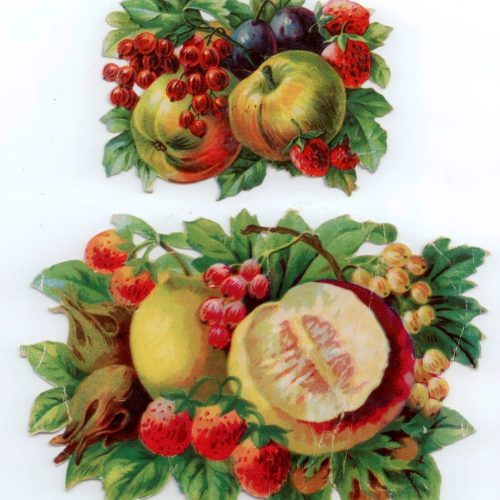 2 Floral Fruit Displays Lithographic Die Cut Embossed Paper Scraps 1880s Antique - Image 1