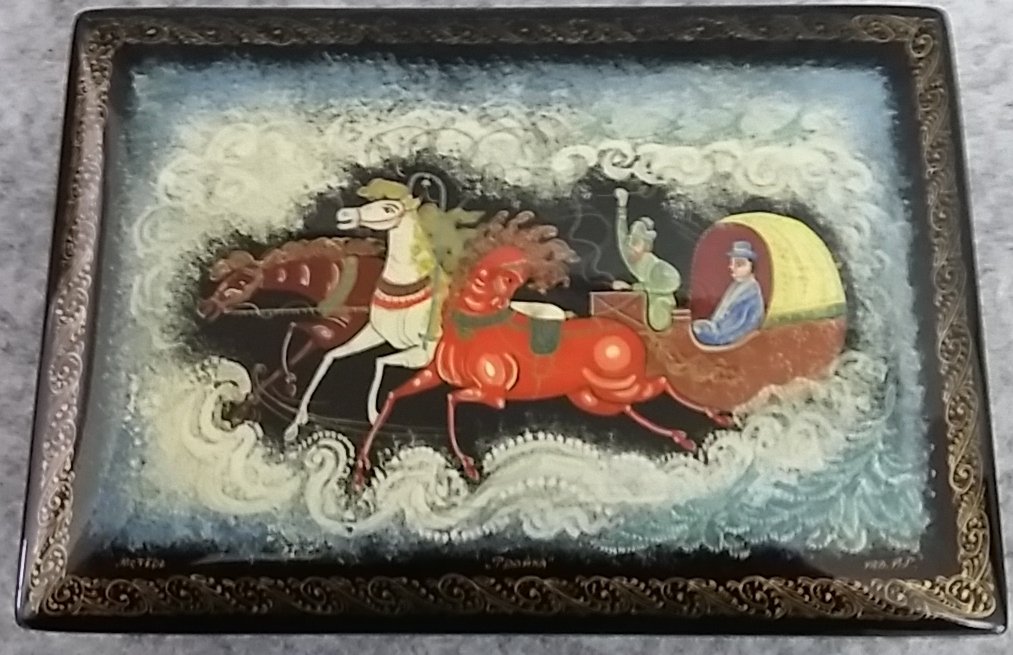 Russian Lacquer Box Flying Troika Hand Painted Papier Mache MSTERA Signed Vintage