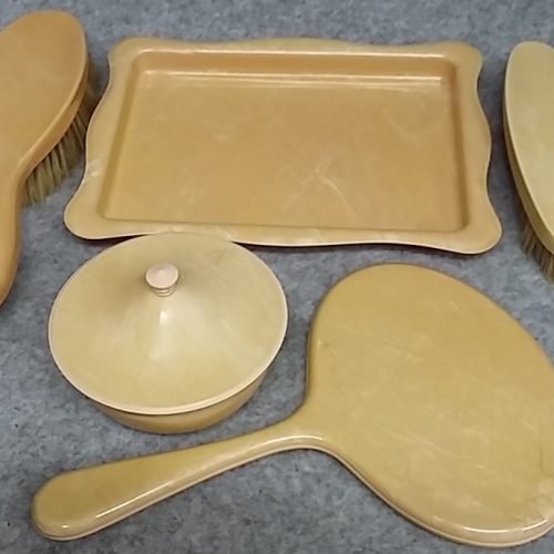 Dressing Table Set 5pc Pink Satin Celluloid Bristle & Monofil Brushes Antique - Image 1