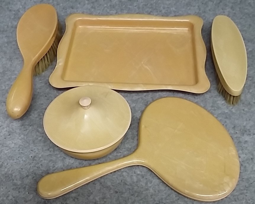 Dressing Table Set 5pc Pink Satin Celluloid Bristle & Monofil Brushes Antique