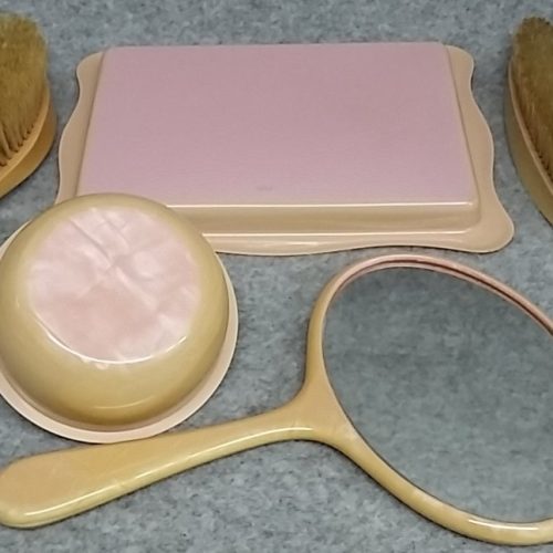 Dressing Table Set 5pc Pink Satin Celluloid Bristle & Monofil Brushes Antique - Image 8