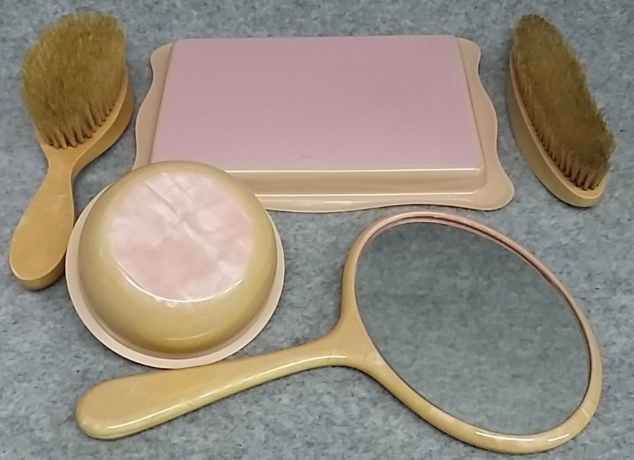 Dressing Table Set 5pc Pink Satin Celluloid Bristle & Monofil Brushes Antique