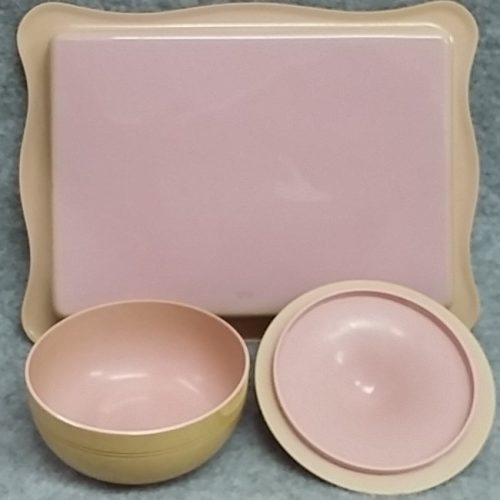 Dressing Table Set 5pc Pink Satin Celluloid Bristle & Monofil Brushes Antique - Image 2