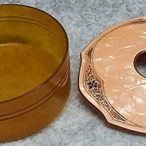 Hair Receiver Box Pink Satin & Faux Amber Celluloid Art Nouveau Antique - Image 4