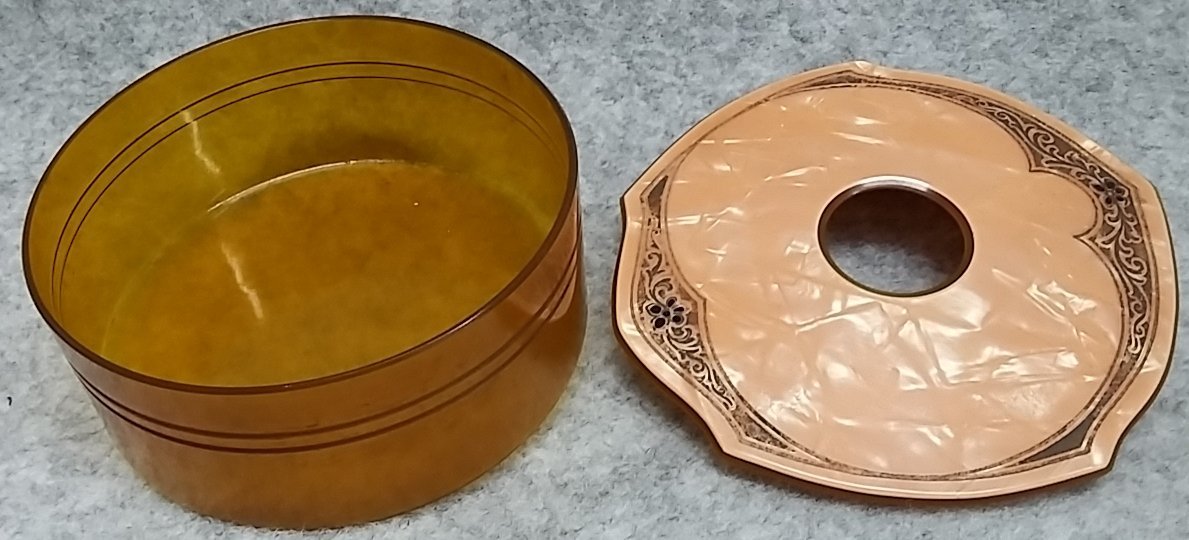 Hair Receiver Box Pink Satin & Faux Amber Celluloid Art Nouveau Antique - Image 4
