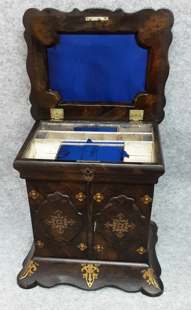 Table Cabinet Jewellery Sewing Vanity Box Papier Mache Brass 1850 Antique