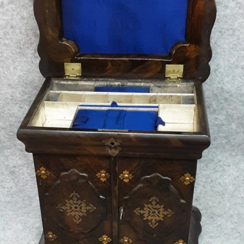Table Cabinet Jewellery Sewing Vanity Box Papier Mache Brass 1850 Antique - Image 9