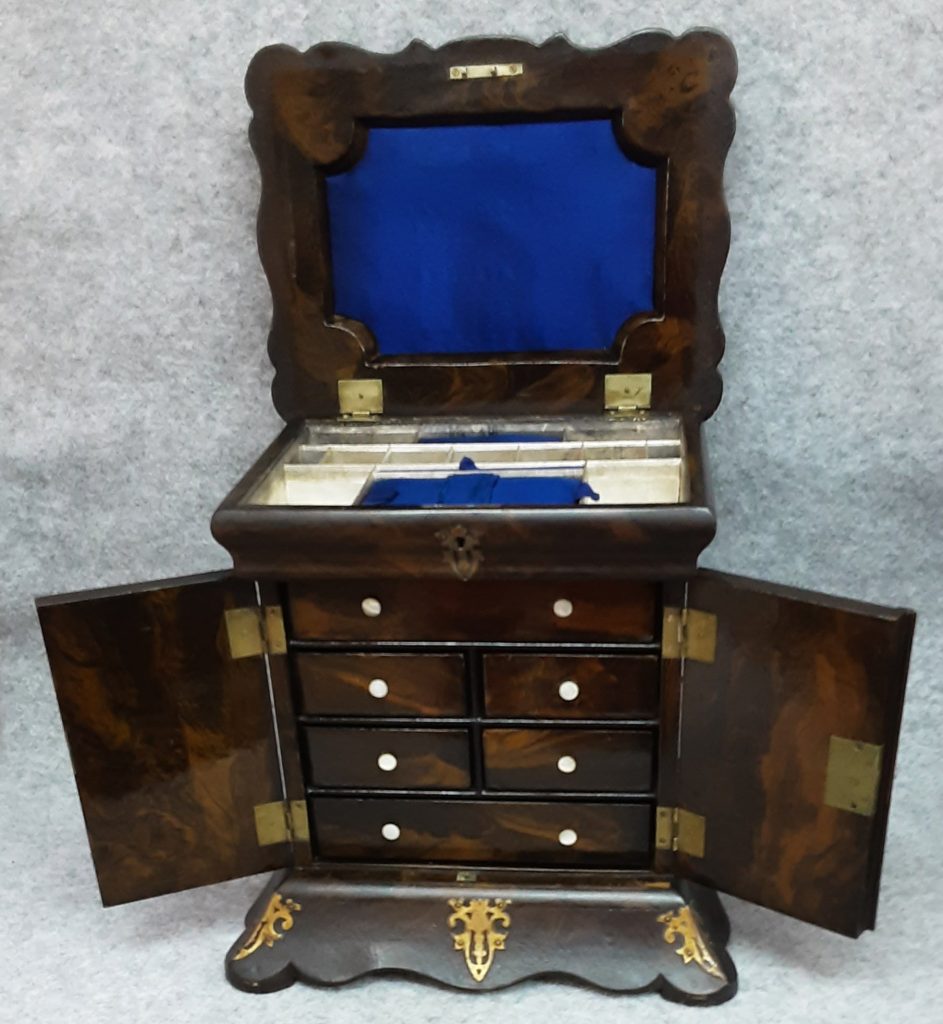 Table Cabinet Jewellery Sewing Vanity Box Papier Mache Brass 1850 Antique