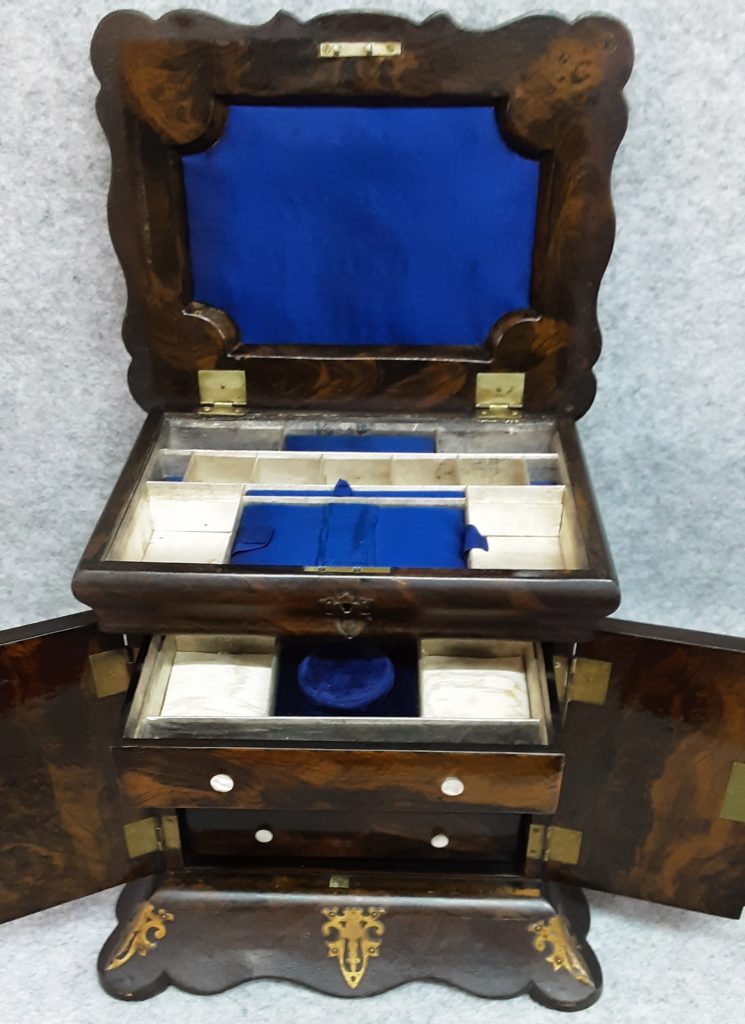 Table Cabinet Jewellery Sewing Vanity Box Papier Mache Brass 1850 Antique