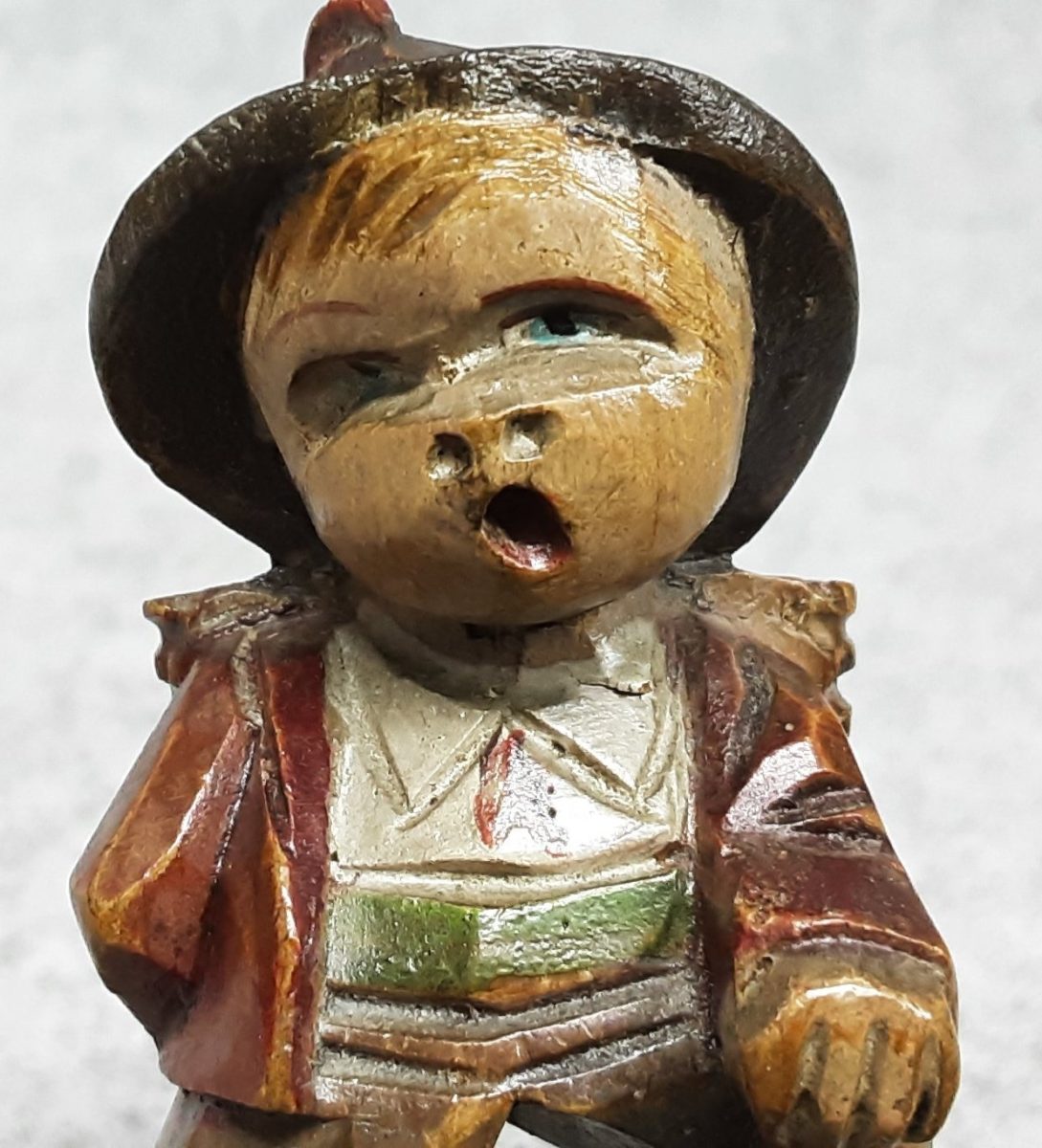 Anri Wood Carving Hand Painted Treen Tyrolean Spa Boy Singing Hiking - Image 2