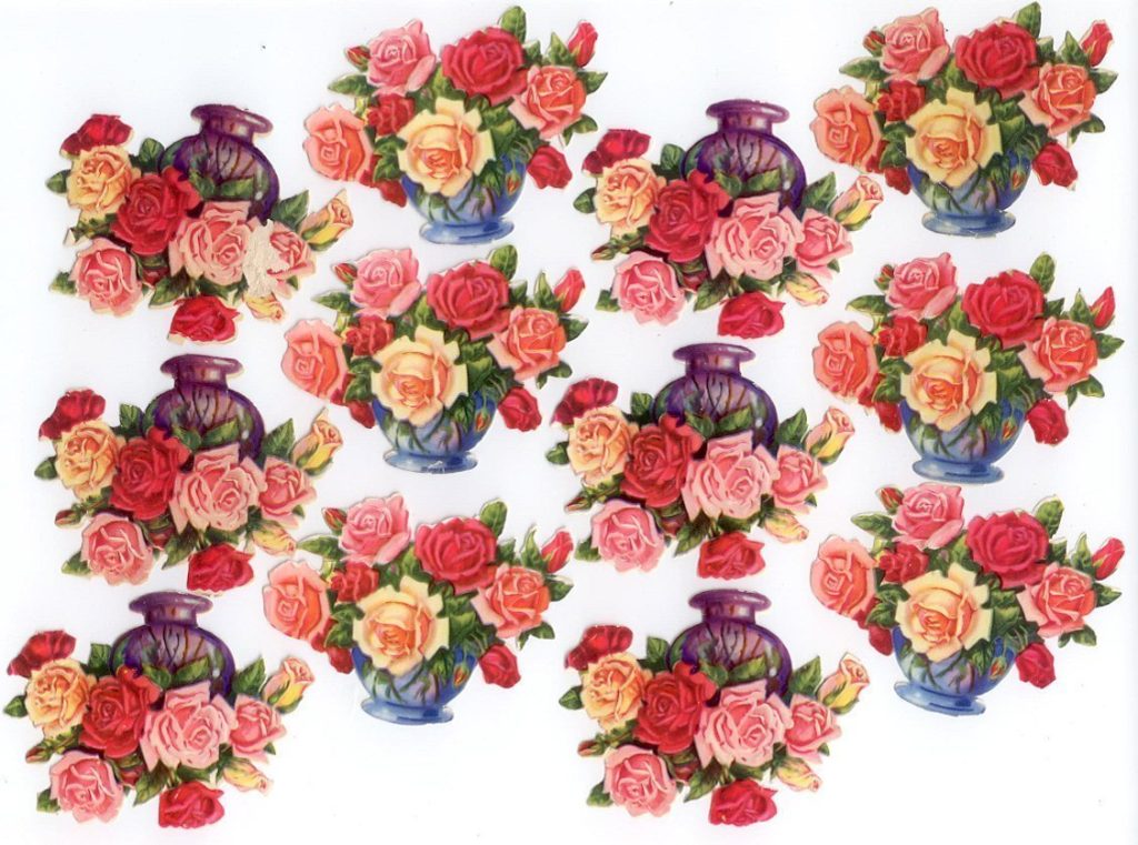 Floral Roses in Vases Die Cut Embossed 12 Paper Scraps Vintage MLP
