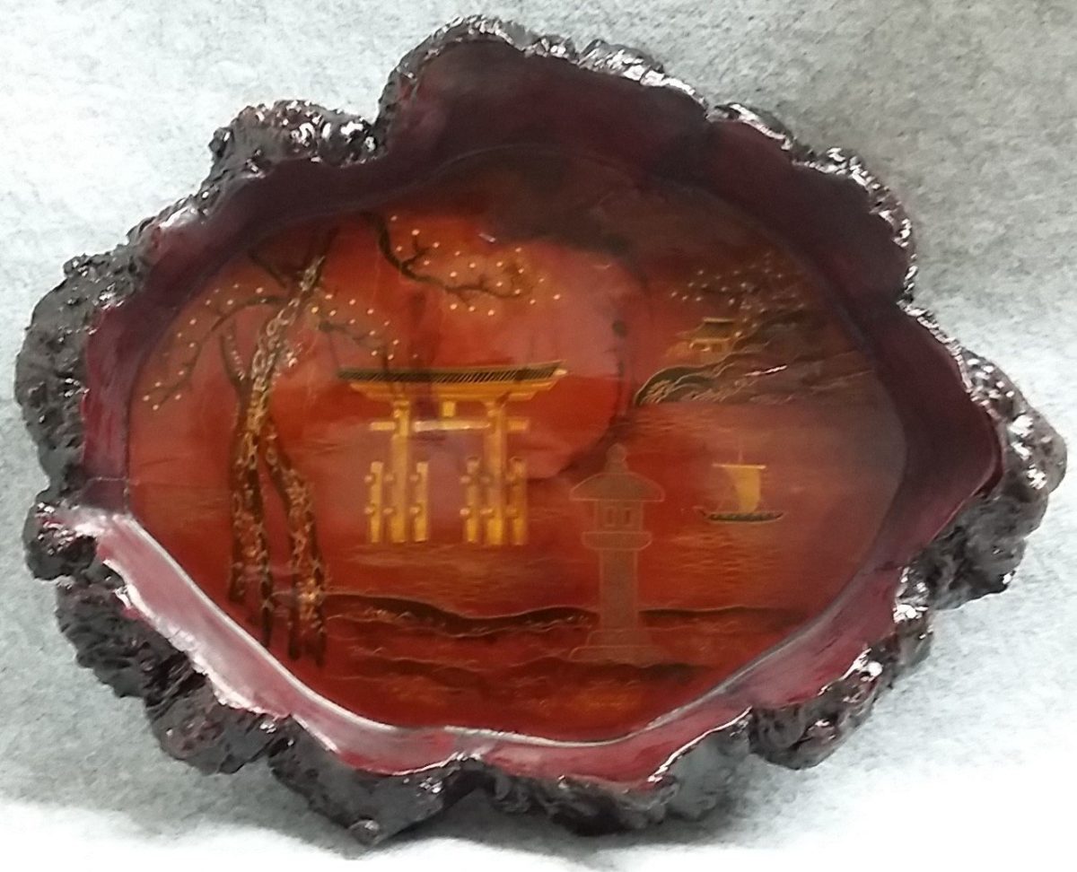 Made in Japan Oriental Rustic tree trunk Wood Lacquer Tray Antique - Image 2