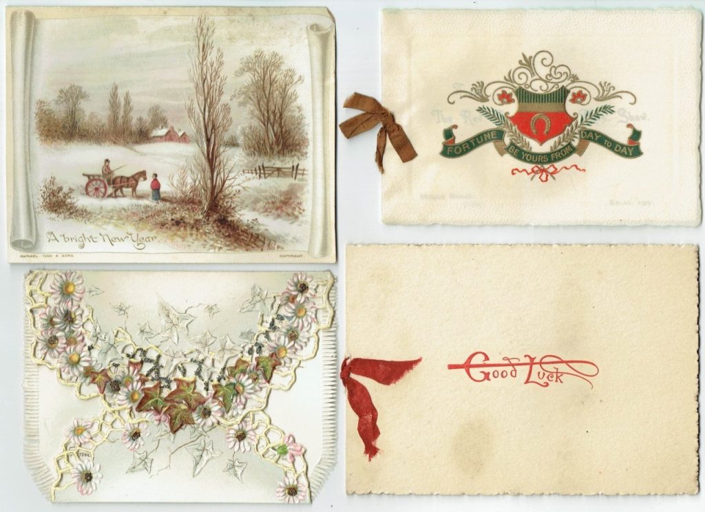 4 Mica Glitter Die Cut Flat Folded Christmas Greeting Card RAPHAEL TUCK Antique