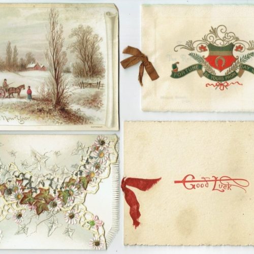 4 Mica Glitter Die Cut Flat Folded Christmas Greeting Card RAPHAEL TUCK Antique - Image 1