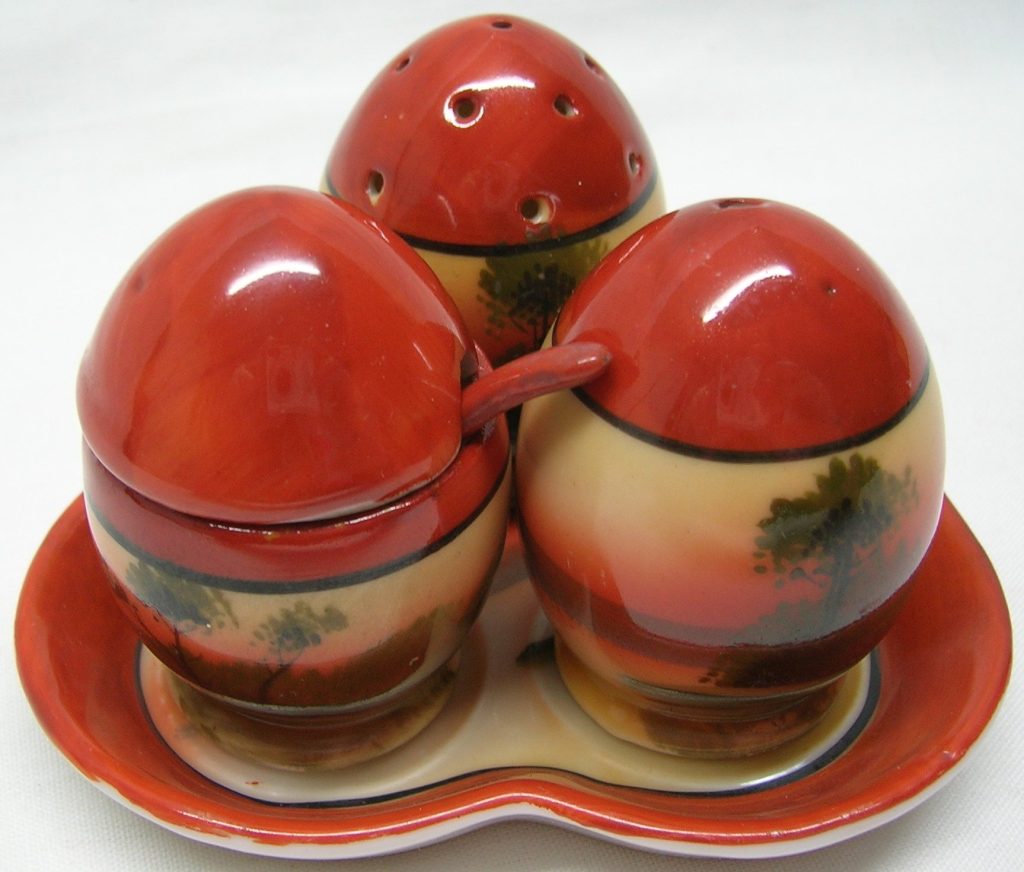 Made In Japan Cruet Set Salt Pepper Shaker Mustard Pot + Spoon 1930's Vintage