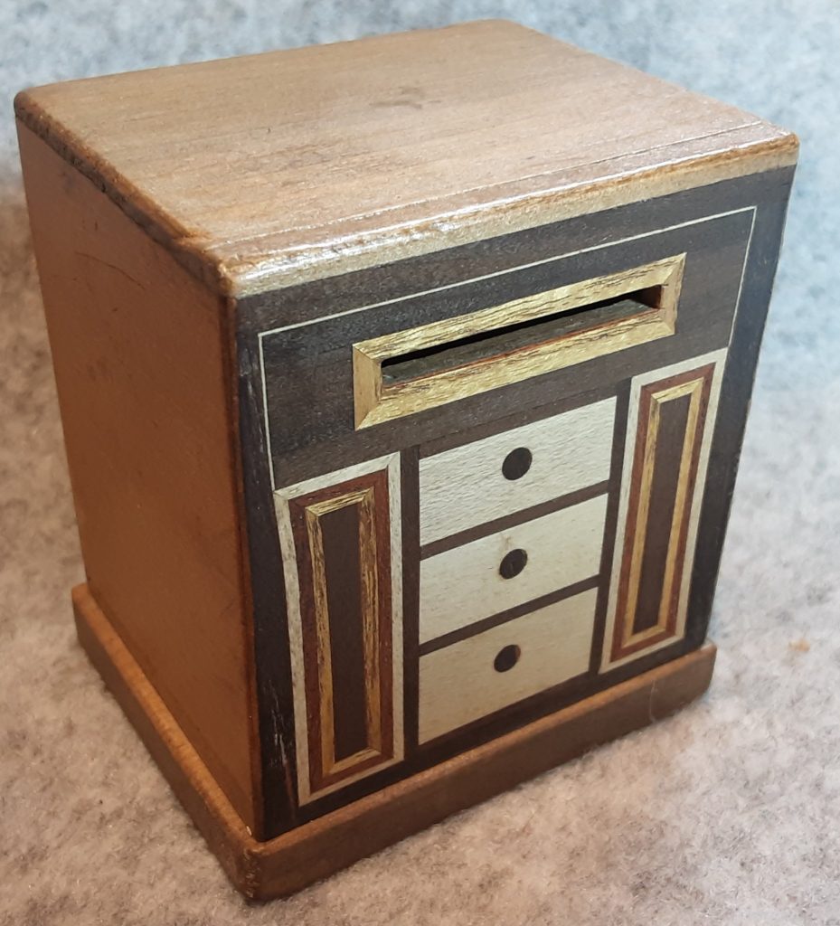 Money Savings Box Wood Treen Secret Magic Bank Made in Japan Vintage