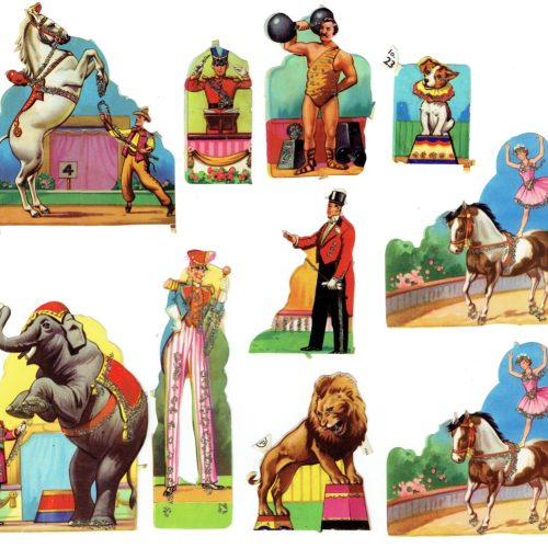 GLITTER Assorted Circus Animals Mamelok Press MLP 10 Picture Scraps 1950 Vintage - Image 1