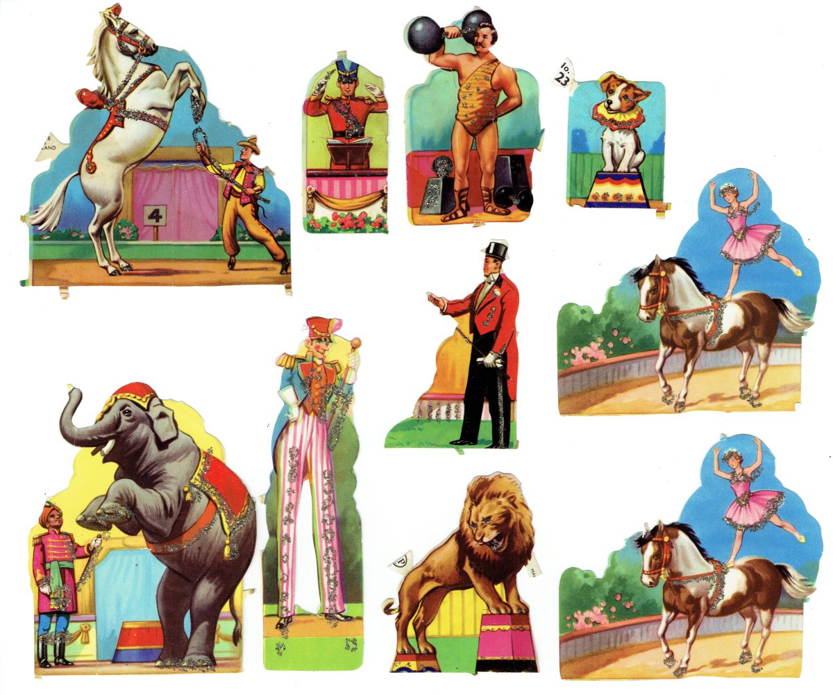 GLITTER Assorted Circus Animals Mamelok Press MLP 10 Picture Scraps 1950 Vintage - Image 1