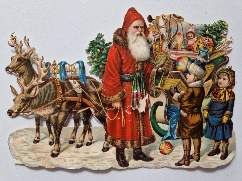 Paper Picture Scraps 2 Large Father Christmas on Sledges Lithographic 1890's