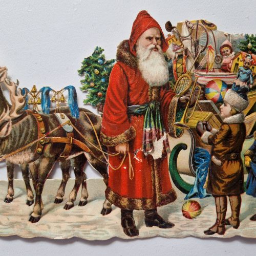 Paper Picture Scraps 2 Large Father Christmas on Sledges Lithographic 1890's - Image 3