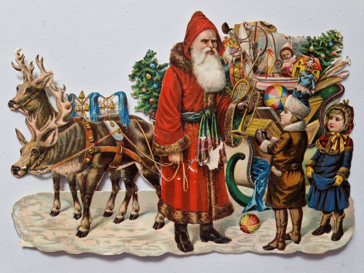 Paper Picture Scraps 2 Large Father Christmas on Sledges Lithographic 1890's - Image 3