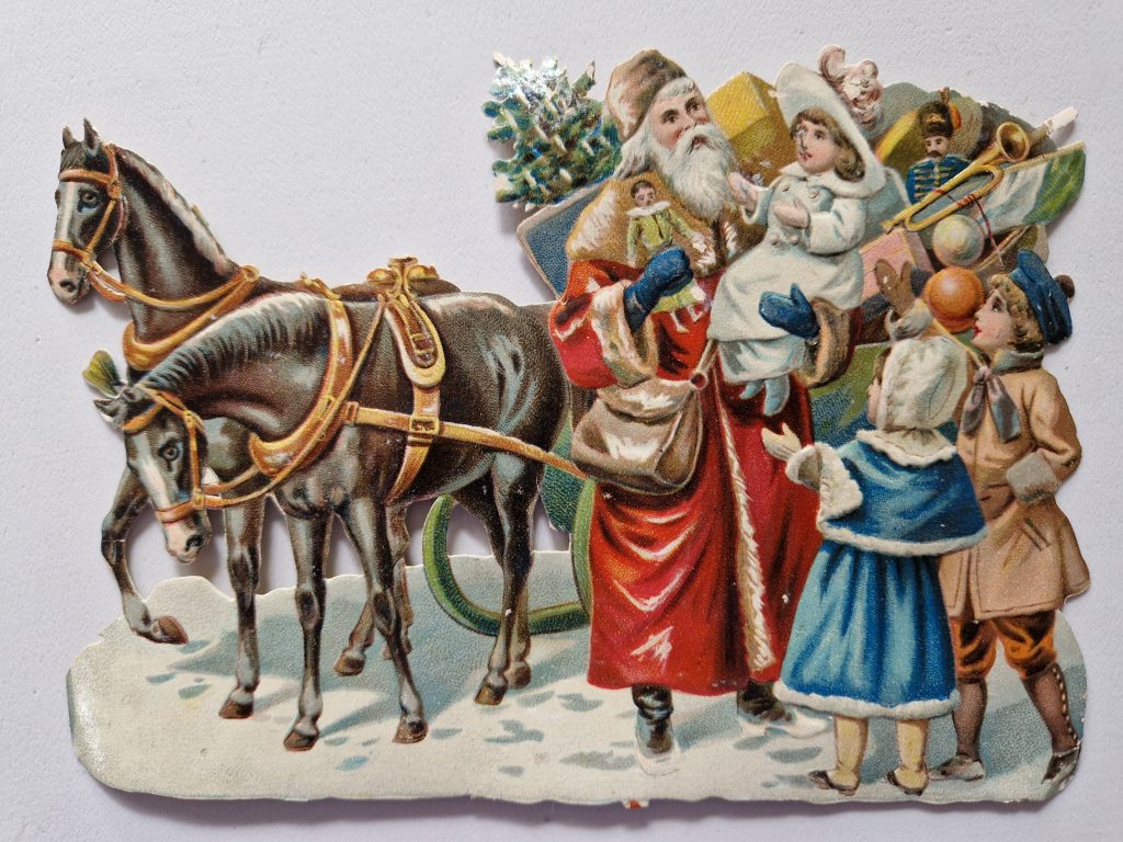 Paper Picture Scraps 2 Large Father Christmas on Sledges Lithographic 1890's