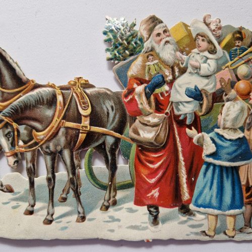 Paper Picture Scraps 2 Large Father Christmas on Sledges Lithographic 1890's - Image 4