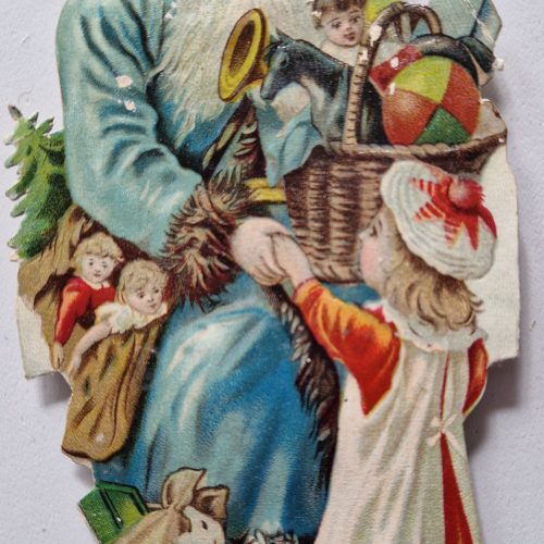 Paper Picture Scraps 3 Die Cut Father Christmas Carrying Toys Lithographic 1890's - Image 3