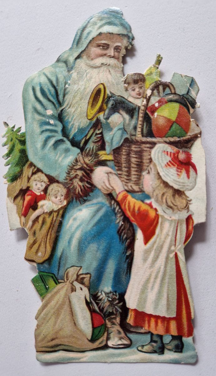 Paper Picture Scraps 3 Die Cut Father Christmas Carrying Toys Lithographic 1890's - Image 3