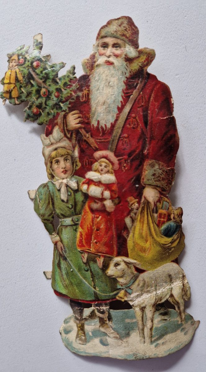 Paper Picture Scraps 3 Die Cut Father Christmas Carrying Toys Lithographic 1890's - Image 4