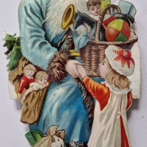 Paper Picture Scraps 3 Die Cut Father Christmas Carrying Toys Lithographic 1890's - Image 5