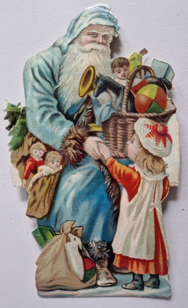 Paper Picture Scraps 3 Die Cut Father Christmas Carrying Toys Lithographic 1890's - Image 5