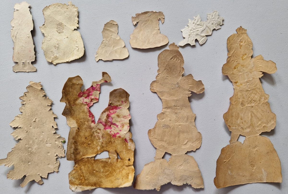 Paper Picture Scraps 9 Die Cut Snow Girls Father Christmas Tree Lithographic Antique - Image 2