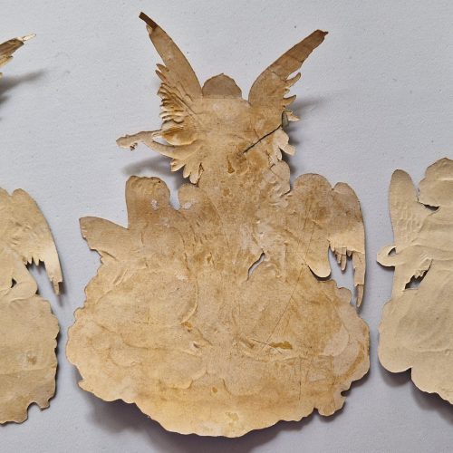 Paper Picture Scraps 3 Die Cut Outs Angels Playing Music Lithographic Antique - Image 2