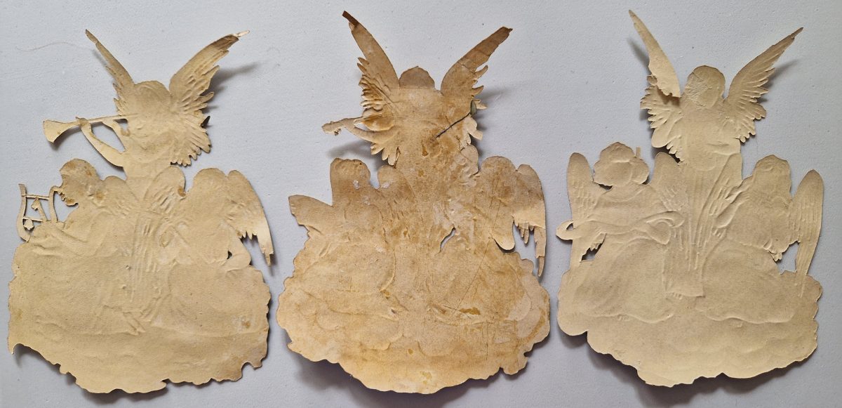 Paper Picture Scraps 3 Die Cut Outs Angels Playing Music Lithographic Antique - Image 2