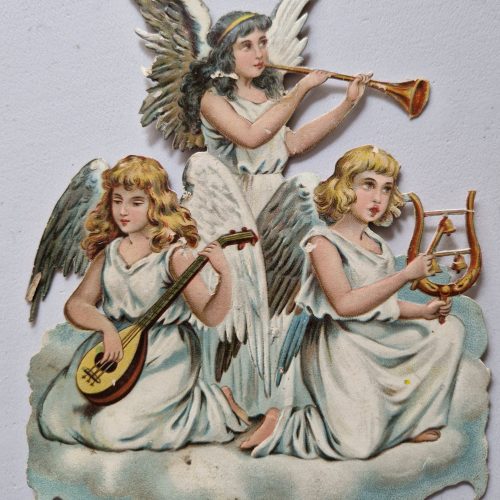 Paper Picture Scraps 3 Die Cut Outs Angels Playing Music Lithographic Antique - Image 3