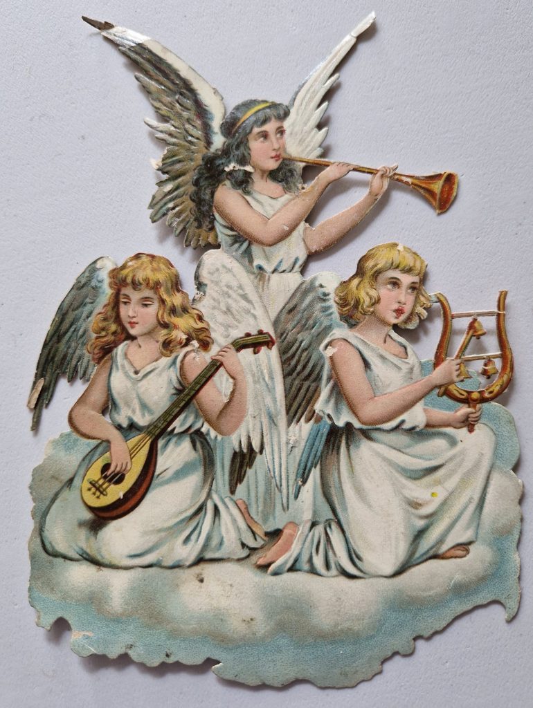 Paper Picture Scraps 3 Die Cut Outs Angels Playing Music Lithographic Antique