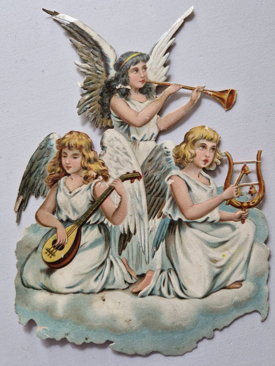 Paper Picture Scraps 3 Die Cut Outs Angels Playing Music Lithographic Antique - Image 3