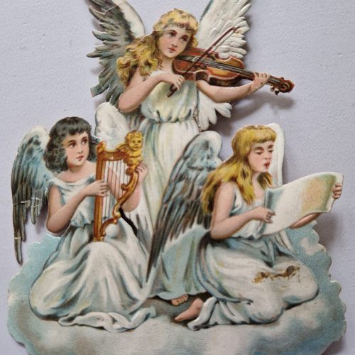 Paper Picture Scraps 3 Die Cut Outs Angels Playing Music Lithographic Antique - Image 4