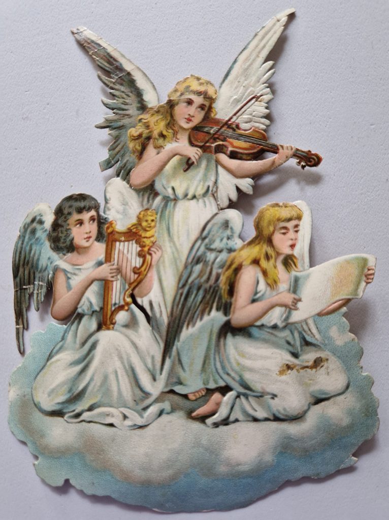 Paper Picture Scraps 3 Die Cut Outs Angels Playing Music Lithographic Antique