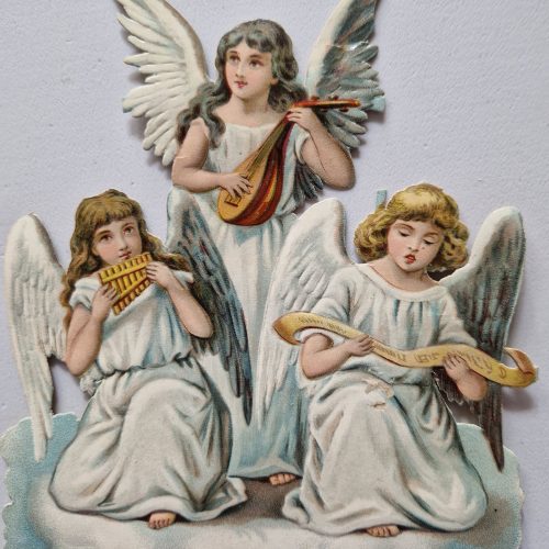Paper Picture Scraps 3 Die Cut Outs Angels Playing Music Lithographic Antique - Image 5