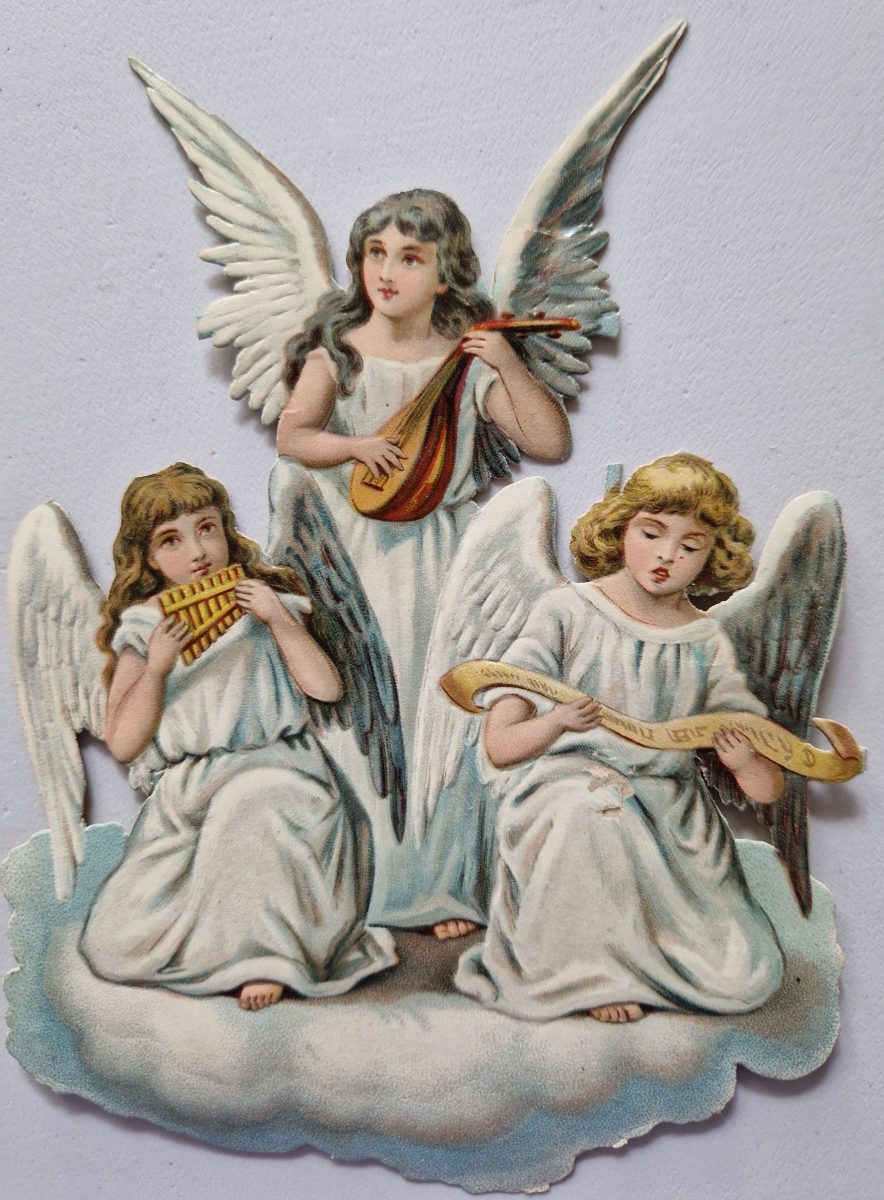 Paper Picture Scraps 3 Die Cut Outs Angels Playing Music Lithographic Antique - Image 5