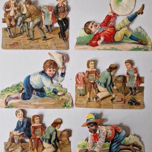 Paper Picture Scraps 6 Die Cut Outs Lithographic Children Playing Antique - Image 1