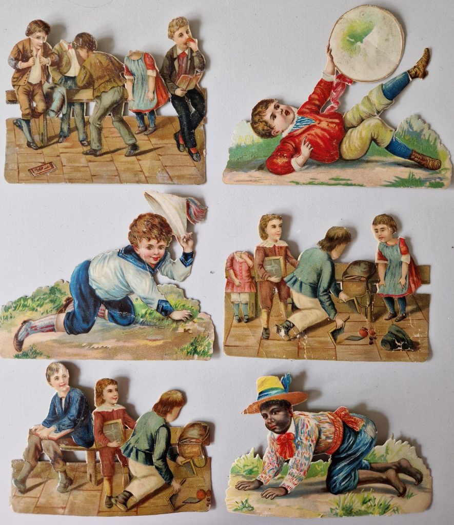 Paper Picture Scraps 6 Die Cut Outs Lithographic Children Playing Antique